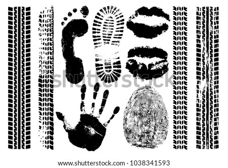 Imprint set evidence. Handprint, footprint, fingerprint, print of the lips, tire tracks. Isolated silhouette vector on white background