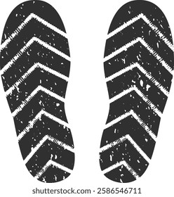 Imprint of a shoe sole featuring a chevron pattern and grunge texture, conveying movement and leaving distinct traces, marking a journey through various terrains