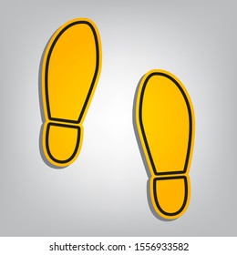 Imprint soles shoes sign. Flat orange icon with overlapping linear black icon with gray shadow at whitish background. Illustration.