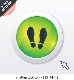 Imprint soles shoes sign icon. Shoe print symbol. Green shiny button. Modern UI website button with mouse cursor pointer. Vector