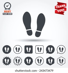 Imprint soles shoes sign icon. Shoe print symbol. Circle, star, speech bubble and square buttons. Award medal with check mark. Thank you ribbon. Vector