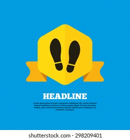 Imprint soles shoes sign icon. Shoe print symbol. Yellow label tag. Circles seamless pattern on back. Vector