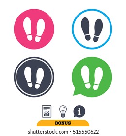 Imprint soles shoes sign icon. Shoe print symbol. Report document, information sign and light bulb icons. Vector