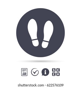 Imprint soles shoes sign icon. Shoe print symbol. Report document, information and check tick icons. Currency exchange. Vector