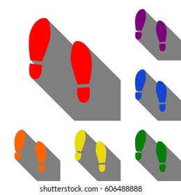 Imprint soles shoes sign. Set of red, orange, yellow, green, blue and violet icons at white background with flat shadow.