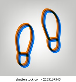 Imprint soles shoes sign. Stroked Icon in orange, azure and old lavender Colors at gray Background. Illustration.