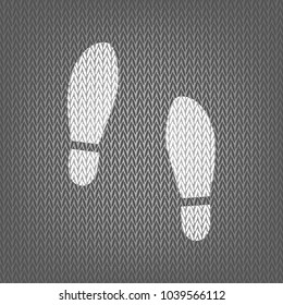 Imprint soles shoes sign. Vector. White knitted icon on gray knitted background. Isolated.