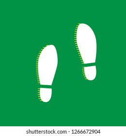 Imprint soles shoes sign. Vector. White flat icon with yellow striped shadow at green background.