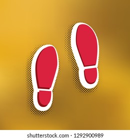 Imprint soles shoes sign. Vector. Magenta icon with darker shadow, white sticker and black popart shadow on golden background.