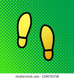Imprint soles shoes sign. Vector. Pop art orange to yellow dots-gradient icon with black contour at greenish background.