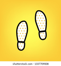 Imprint soles shoes sign. Vector. Yellow polka dot white icon with black contour at warm yellow background.