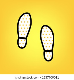 Imprint soles shoes sign. Vector. Yellow polka dot white icon with black contour at warm yellow background.