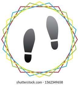 Imprint soles shoes sign. Vector. Black icon with patch of light inside colorful hexagonal frames at white background.