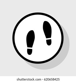 Imprint soles shoes sign. Vector. Flat black icon in white circle with shadow at gray background.