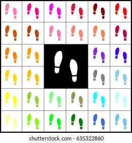 Imprint soles shoes sign. Vector. Felt-pen 33 colorful icons at white and black backgrounds. Colorfull.