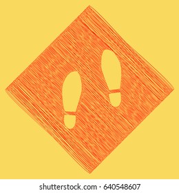 Imprint soles shoes sign. Vector. Red scribble icon obtained as a result of subtraction rhomb and path. Royal yellow background.