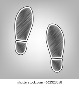 Imprint soles shoes sign. Vector. Pencil sketch imitation. Dark gray scribble icon with dark gray outer contour at gray background.