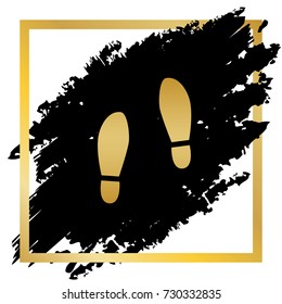 Imprint soles shoes sign. Vector. Golden icon at black spot inside golden frame on white background.