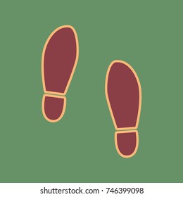 Imprint soles shoes sign. Vector. Cordovan icon and mellow apricot halo with light khaki filled space at russian green background.