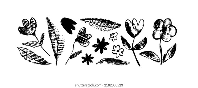 Imprinted flowers and leaves with black grunge texture. Monochrome grunge botanical set of clip art. Hand drawn charcoal and pencil drawing. Vector blossom silhouettes isolated on white background.