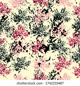 Imprints abstract leaves poinsettia mix repeat seamless pattern. Digital hand drawn picture with watercolour texture. Mixed media artwork.