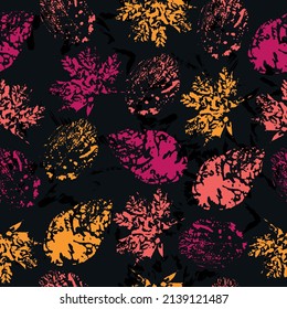 imprints abstract leaves poinsettia mix repeat seamless pattern. Stamp.  seamless pattern, colorful background.