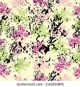 Imprints abstract leaves poinsettia mix repeat seamless pattern. Digital hand drawn picture with watercolour texture. Mixed media artwork.
