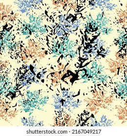 Imprints abstract leaves poinsettia mix repeat seamless pattern. Digital hand drawn picture with watercolour texture. Endless motif for textile decor and design.