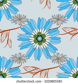Imprints floral seamless pattern. Abstract vector digital stylized blue, beige and gray picture. Mixed media artwork for textiles, fabrics, souvenirs, packaging and greeting cards.