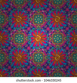 Imprints floral seamless pattern. Abstract vector digital stylized blue, orange and magenta picture. Mixed media artwork for textiles, fabrics, souvenirs, packaging and greeting cards.