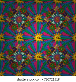 Imprints floral seamless pattern. Abstract vector digital stylized magenta, blue and green picture. Mixed media artwork for textiles, fabrics, souvenirs, packaging and greeting cards.