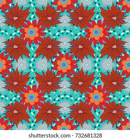 Imprints floral seamless pattern. Abstract vector digital stylized blue, gray and orange picture. Mixed media artwork for textiles, fabrics, souvenirs, packaging and greeting cards.