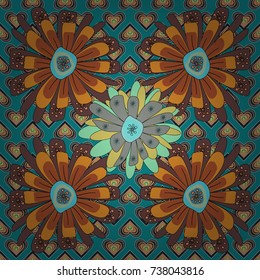Imprints floral seamless pattern. Abstract vector digital stylized orange, blue and brown picture. Mixed media artwork for textiles, fabrics, souvenirs, packaging and greeting cards.