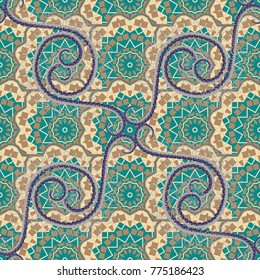 Imprints floral seamless pattern. Abstract vector digital stylized beige, blue and gray picture. Mixed media artwork for textiles, fabrics, souvenirs, packaging and greeting cards.