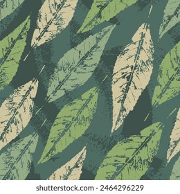 Imprints of green leaves seamless pattern with texture. Template for fabric, wallpaper, wrapping paper, surface design. Vector.