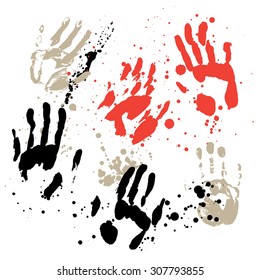 Imprints of hands, splatter. Vector illustration.