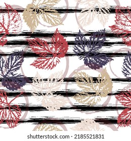 imprints herbs, flowers and leaves. cute pattern of beautiful prints of leaves painted watercolor by hand. boho chic, mixed media. seamless pattern, colorful background.