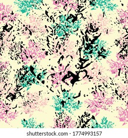 Imprints herbs, flowers and leaves. Digital hand drawn picture with watercolour texture. Endless motif for textile decor and design.