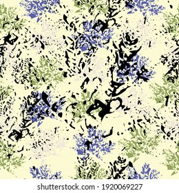 Imprints herbs, flowers and leaves. Mixed media artwork for textiles, fabrics, souvenirs, packaging and greeting cards. Hand drawn boho spring seamless pattern.