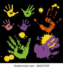 Imprints of kid's hands (handprints). Vector illustration. 