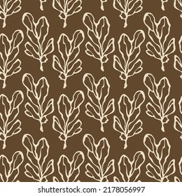 Impresiones de hojas sobre fondo marrón. Formas dibujadas a mano. Patrón veloz. Fondo floral vintage para envolturas, tejidos, rayado o papel pintado.
