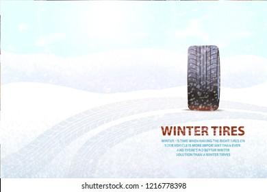 Imprints left on ground by transport poster vector. Snowing weather and rubber item, vehicle for automobile, mark of vehicle car with impress track