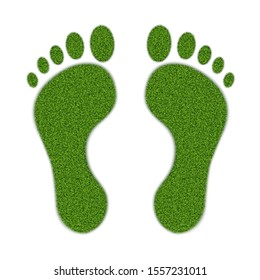 Imprints of the legs of an adult with a texture of green grass. Ecology. Isolated over white background. Vector illustration.