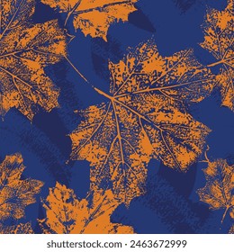 Imprints maple leaves seamless pattern on dark background with texture. Great design for fabric, wallpaper, wrapping paper, linens. Vector illustration.