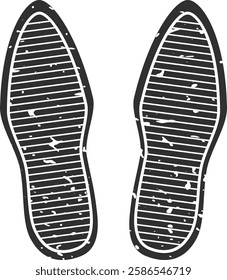 Imprints of shoe soles representing steps taken, indicating movement and direction, isolated on a white background, with a textured, grunge effect