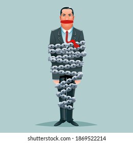Empresario encadenado encarcelado, limitado en cadena, limitado caricatura, carácter de dibujo animado, ilustración de diseño vectorial