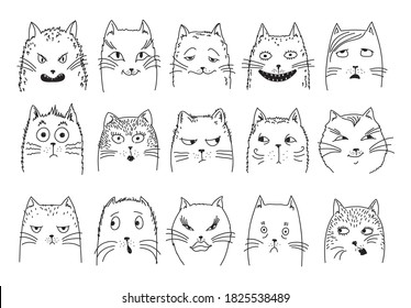 impromptu heads of cats express different emotions. set of vector sketches