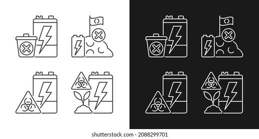 Iconos lineales de eliminación de batería inadecuados para el modo oscuro y luminoso. Desechos electrónicos prohibidos vertederos. Daño ecológico. Símbolos de línea delgada personalizables. Ilustraciones aisladas del contorno vectorial. Trazo editable