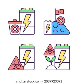 Improper battery disposal RGB color icons set. E-waste prohibited landfill. Environment pollution. Accumulator toxicity and harm. Isolated vector illustrations. Simple filled line drawings collection