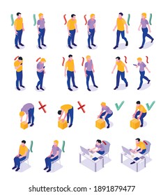 Improper correct posture maintaining with good body parts alignment walking sitting lifting objects isometric set vector illustration